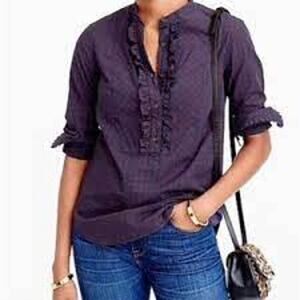 J. Crew Ruffle Popover Blue Red Mini Windowpane Blouse Size 2